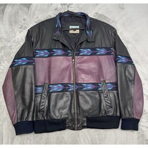 Vintage Adler Leather Bomber Jacket Mens Large Black Purple Aztec Western Biker